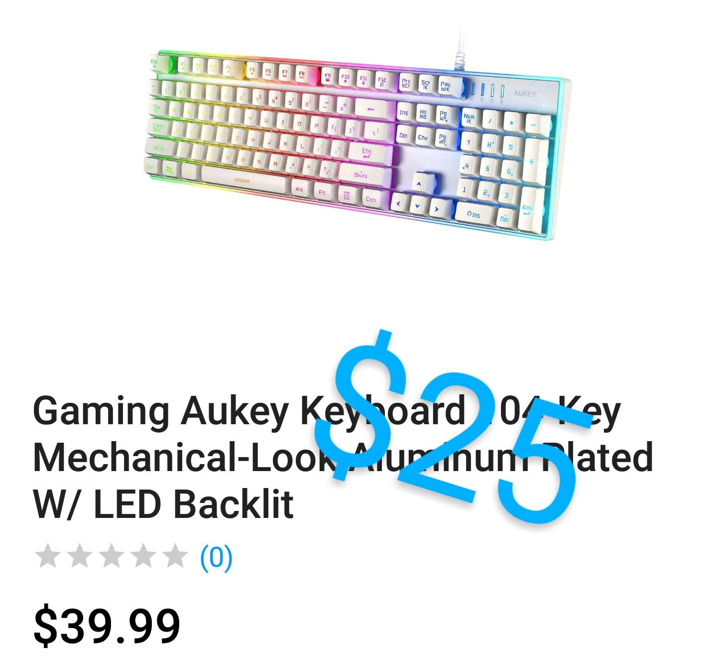 Gaming Aukey Keyboard 104-Key Mechanical-Look Aluminum Plated W/ LED Backlit