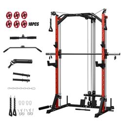 Mikolo Compact 7-IN-1 Smith Machine With Cable Crossover System, 1000LBS Multi-Functional Squat Rack, Workout Station with Weight Bar, Bend Peg and 18