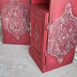 Boho Style Red Matching Pair Of Nightstands