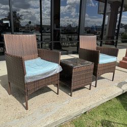 3 Pc Set Outdoor Indoor Balcony Bistro Set Chair Rattan Beige Espresso 