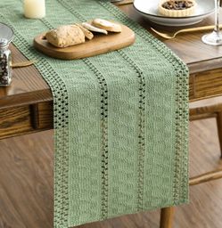 New Artoid Mode Light Green Farmhouse Woven Rustic Hollow Table Runner, Seasonal Holiday Hollow Kitchen Dining Table Decoration For Home Party Decor 1