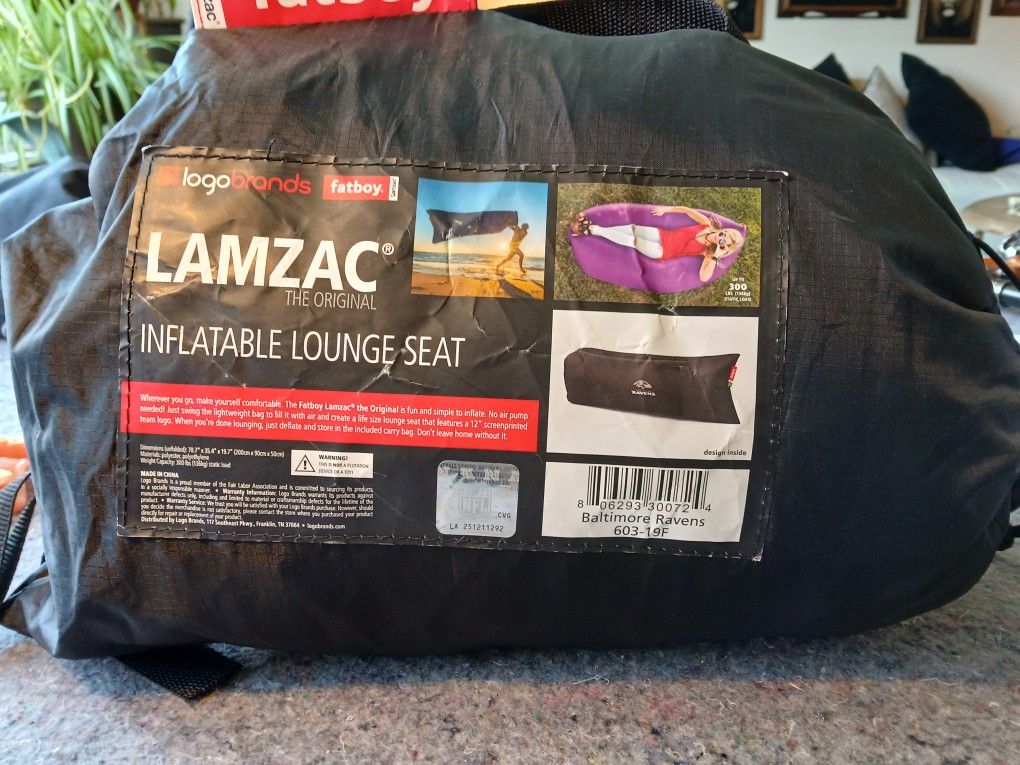 Logobrands Fatboy  Inflatable Lounge Baltimore Ravens 78.7 X 35.4 X 19.7  300lbs

The Logobrands Fatboy Inflatable Lounge Baltimore Ravens is a black 