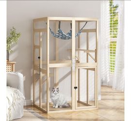 Catio Outdoor Cat Enclosure Window Access, Wooden Cat House Shelter, Kitty Cage with Hammock for Patio