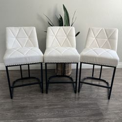 LUE BONA 24" Bar Stools Set of 3, Modern Counter Height Stools with 5.5" Thick Cushion and Nailhead, Upholstered Leather Barstools for Kitchen Island,
