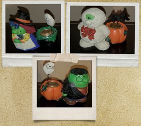1990'S (3) HALLOWEEN CANDLE HOLDERS NEW/WITCH/MUMMY/FRANKENSTEIN WITH ACCENTS ON WIRES VTG