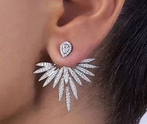 Silver Crystal Fan Ear Jacket Earrings