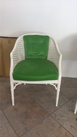 Vintage Hollywood Regency White Faux-Bamboo & Cane Accent Chair with Green Velvet Cushions