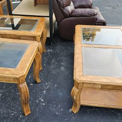 Golden Honey Oak  Tables Glass Coffee Table, And 2 End Table 