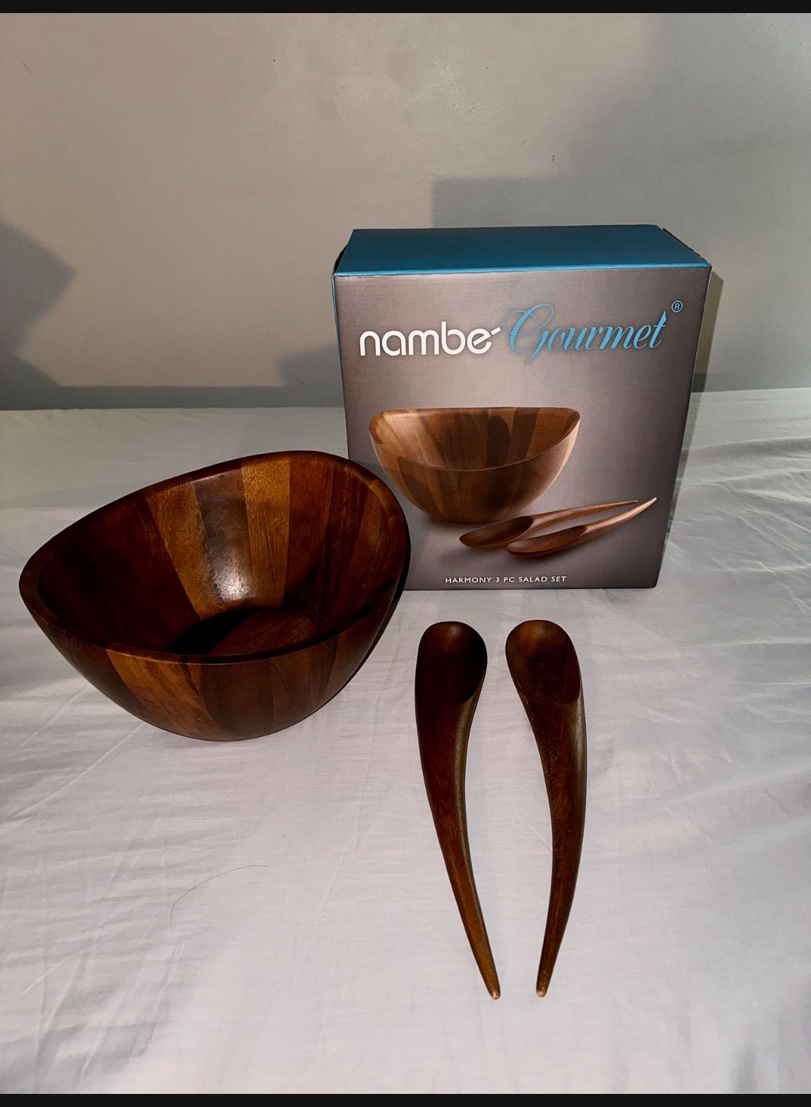 Nambe Harmony 3 Piece Acacia Wood Salad Bowl & Servers