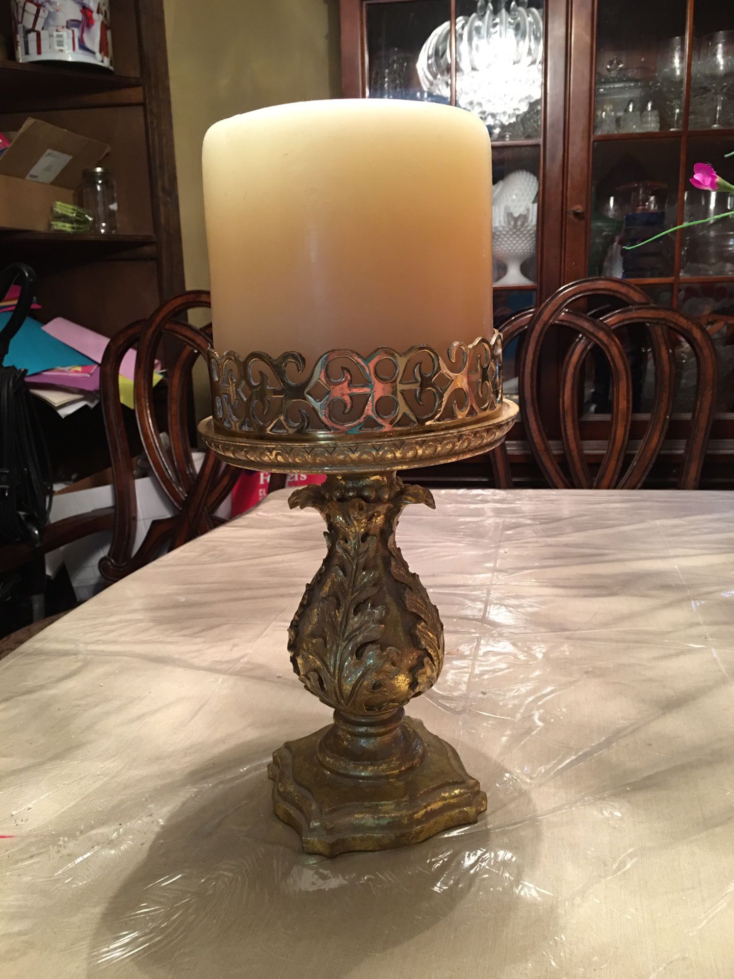 Antique Solid Brass On Wood Candle Holder, 6” Diameter, 12” Standing, Total 26” Height With Candle