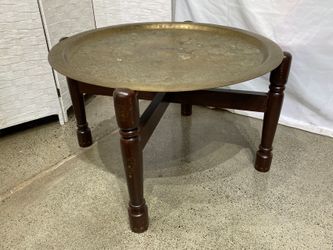 Hand Engraved Brass Tray Tea Table w/ Inlaid Legs