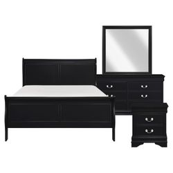 Brand new black queen sleigh bedframe + dresser + mirror + nightstand 4PCs bedroom set