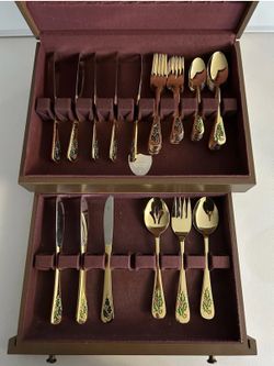 Holly Berry Gold Electro Plate 43 Pieces With Case- Christmas Vintage Flatware