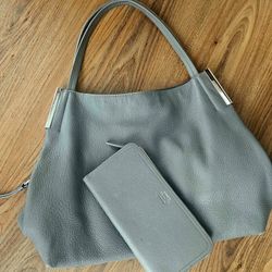 Vince Camuto Leather Purse | Stone Grey - Bonus Clutch
