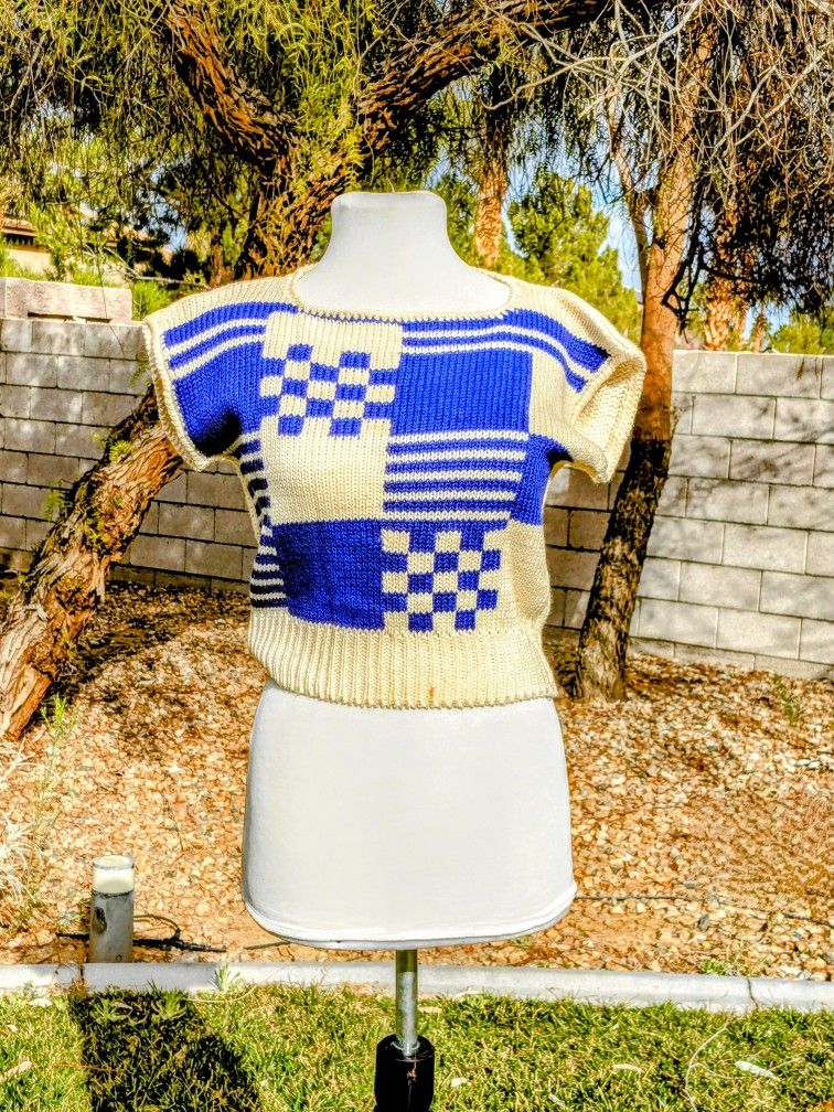 Vintage 1980s Petite Women's Small Knit Geometric Checkerboard Cardigan Top GUC