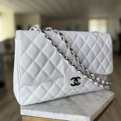 Auth Chanel Classic Bag  Flap Shoulder White Handbag Silver 