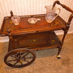 Vintage Inlaid Wood Tea Cart / Bar Cart w/ Glassware – Elegant Serving Cart