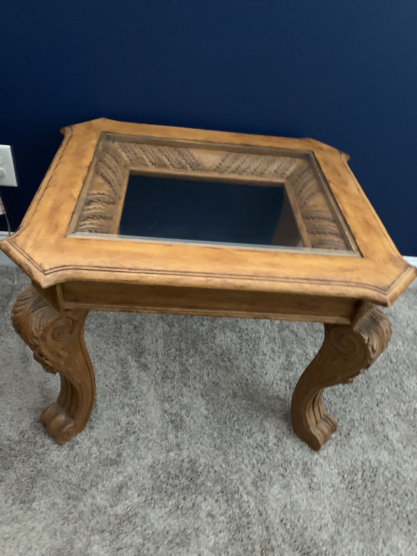 Large Heavy Solid Carved Wood Table, Beveled Edges, Curved Inlay Carved Under Removable Beveled Edge Glass