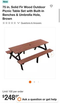 75 in. Solid Fir Wood Outdoor Picnic Table Set with Built-in Benches & Umbrella Hole, Brown