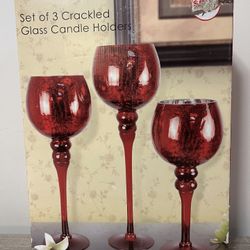 New Red Set Of 4 Crackled Glass Candle Holders