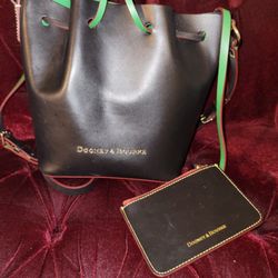 Dooney and Bourke Leather SERENA Drawstring Bag Black Green Make Up Pouch