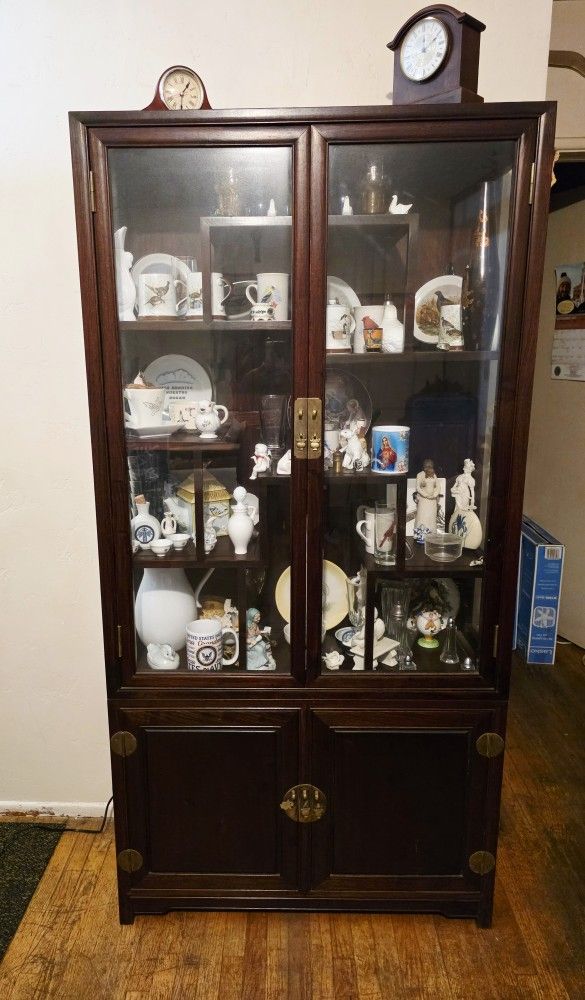20th C. Chinese Two section Glass Rosewood Cabinet