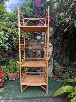 Vintage Bamboo Rattan Etagere Shelf | Boho Coastal Wicker Bookcase Plant Stand