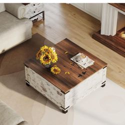 Brand New Square Coffee Table Farmhouse Style, Wooden Center Table for Living Room with Storage Compartment, Brown & White