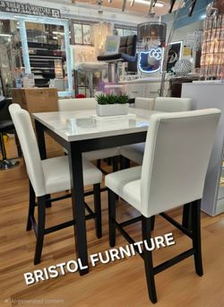☠️ Dining Set 5 Pcs, White Top Faux Marble, Black Frame, White Chairs, New in the Box.