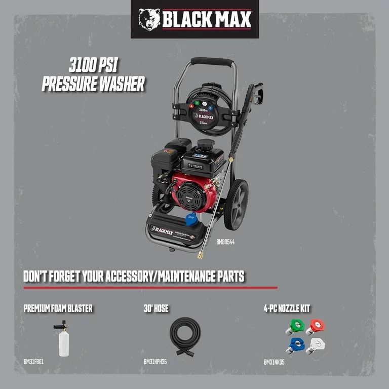 Black Max 3100 PSI Gas Pressure Washer, 212cc OHV Engine Red