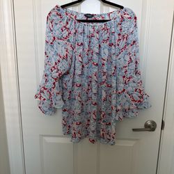 NEW Chaps silky blouse Red white Blue pullover boat neck tiered ruffled sleeve L