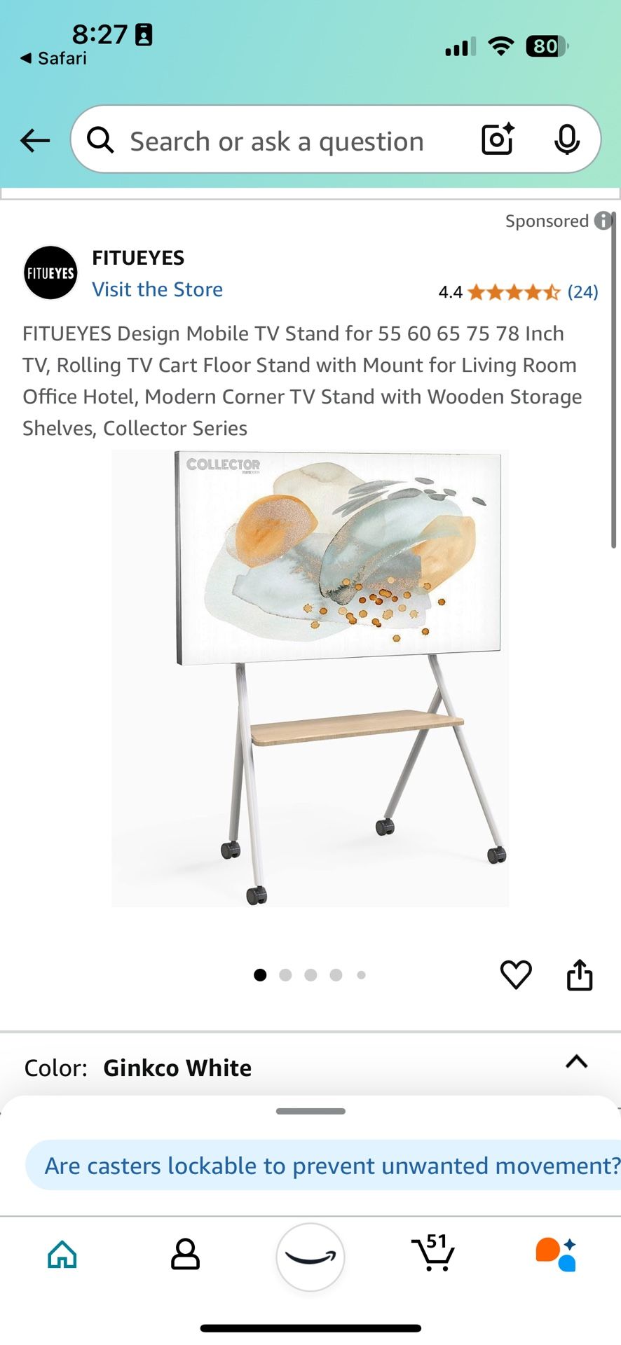 FITUEYES Design Mobile TV Stand for 55 60 65 75 78 Inch TV, Rolling TV Cart