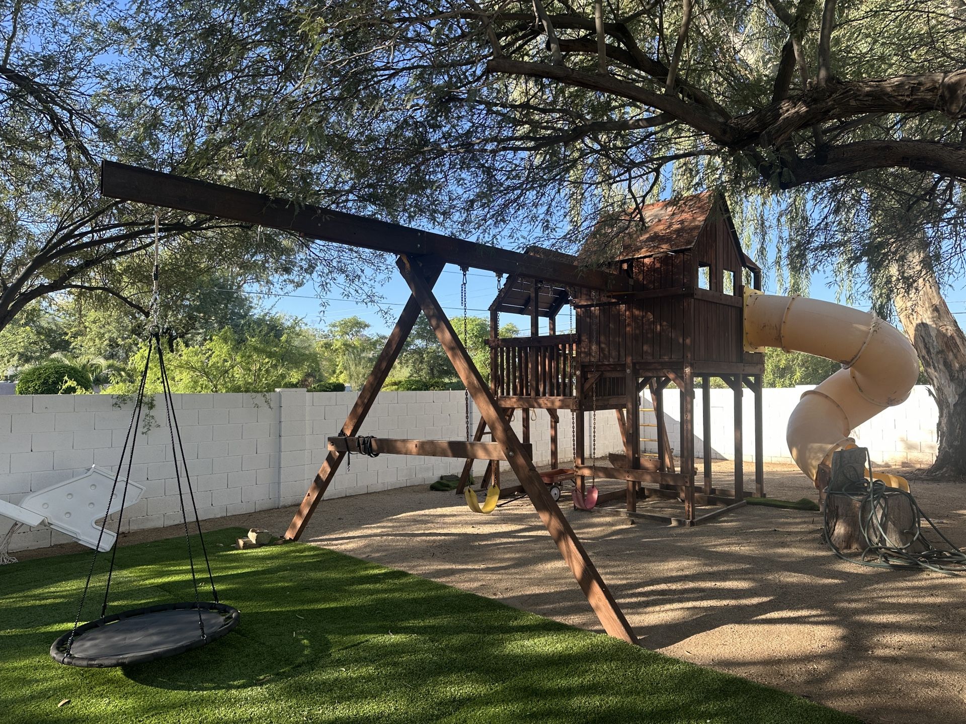 Rainbow Play Systems Wooden Playset – Large Two-Story Set with Spiral Slide & Swings