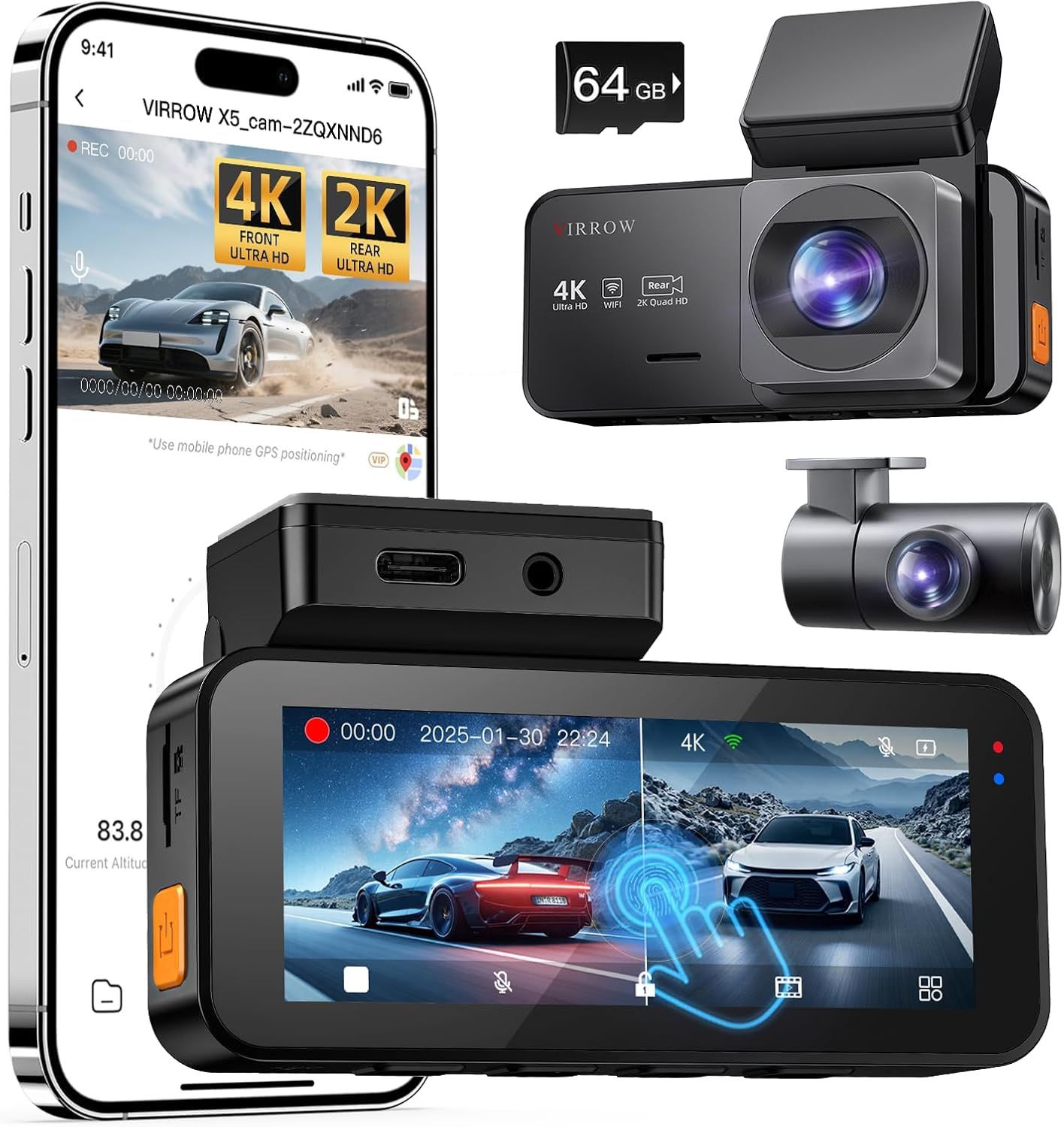 4K+2K Dash Cam Front & Rear, X5 Car Dash Camera with 3.39" Touchscreen