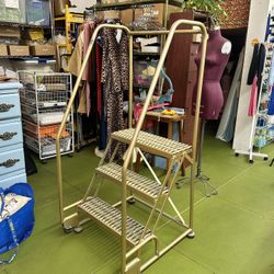 3 Step Mobile Work Ladder Platform Rolling Stairs 5 Feet Tall Gold Industrial Warehouse 