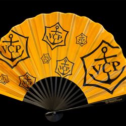 Vintage Veuve Clicquot Champagne Orange Folding Fan 10” Long Logo Handle & Fan