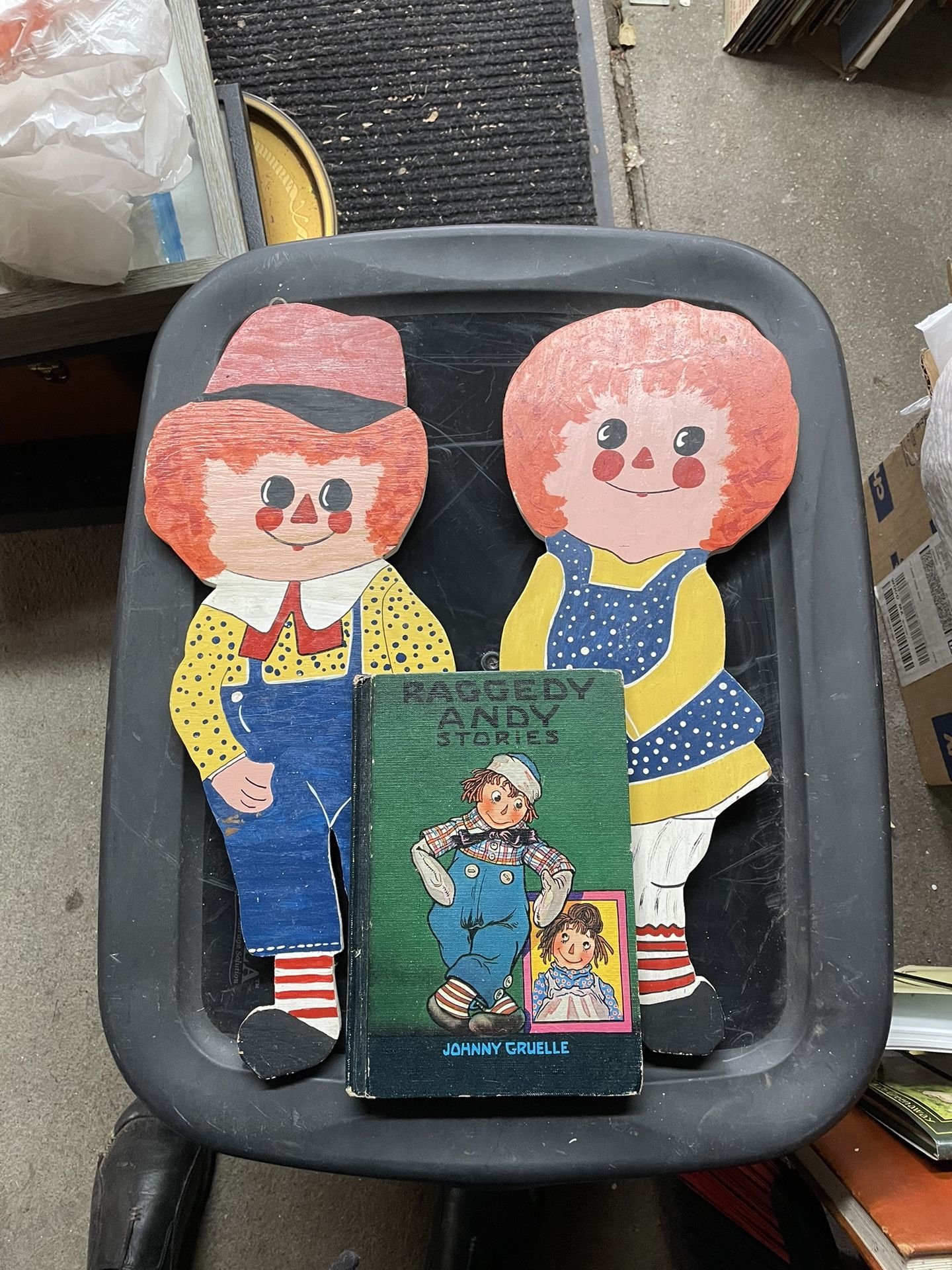 Raggedy Ann. And Andy Wood Wall Plaques With Vintage Book