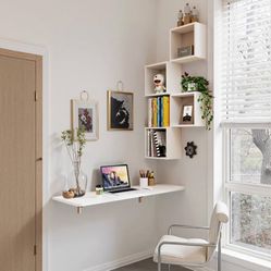 Tucktect Wall Mounted Drop-Leaf Table, Floating Laptop Desk, Folding Table with Shelves, Multifunctional Computer Workstation with Storage Compartment
