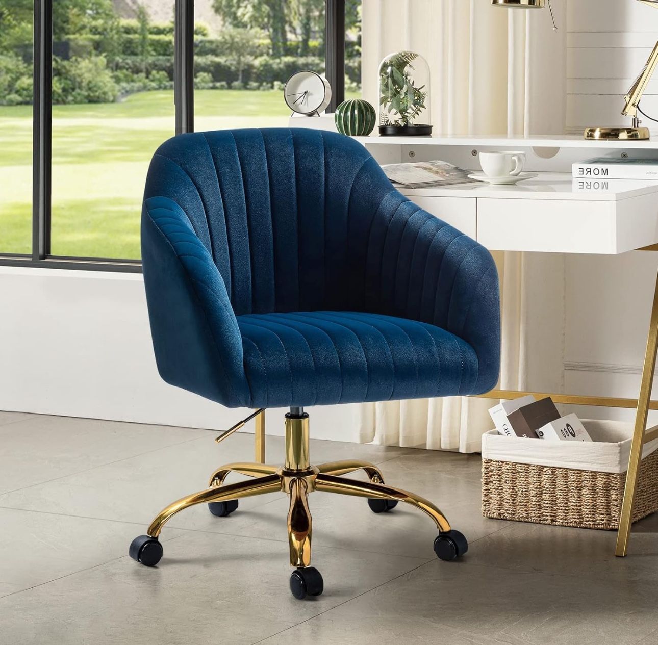 Vanity Chair , Blue Velvet , Desk Chair . Dark Blue Chair Gold Bar New Fully Assembled