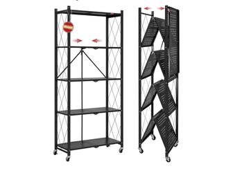 5 Tier Foldable Storage Shelves with Wheels, Large Capacity Shelving Unit, Freestanding Metal Wire Shelf Rack, No Assembly Organizer Rack for Garage K