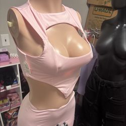 Pink Cut-Out Two-Piece Crop Top & Mini Skirt Set