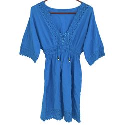Blue Swim Cover Up Dress Womens S Lace Trim Beaded Ties Elastic Waist Beach Pool