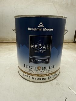 5 gallons. Benjamin Moore regal select exterior high build soft gloss paint.