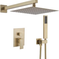 BWE Shower Faucet Brushed Gold 12 Inch Square Bathroom Luxury Rain Mixer Shower Combo Set 2-Functions Wall Mounted Rainfall Shower Head System Rough-i