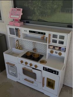 Kids Wooden Play Kitchen White and Gold
