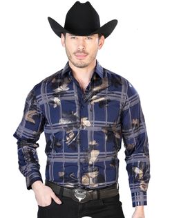 $25 Navy Blue And Gold Long Sleeve Western Cowboy Camisa Vaquera
