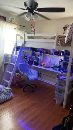 White Loft Bed with Desk and Shelves