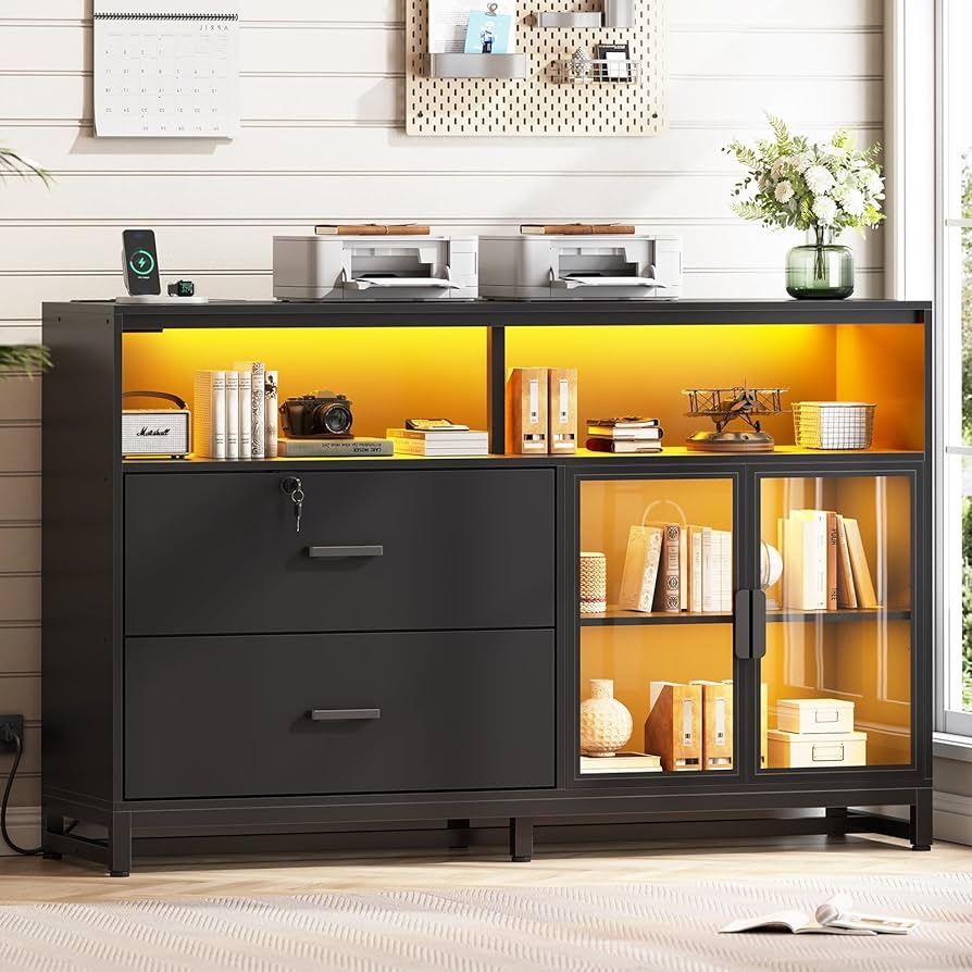 1241C 59" File Cabinet, 2 Drawers Filing Cabinets for Home Office fit Legal/Letter/A4 File, File Cabinet with Lock & Power Outlets, Printer Stand with