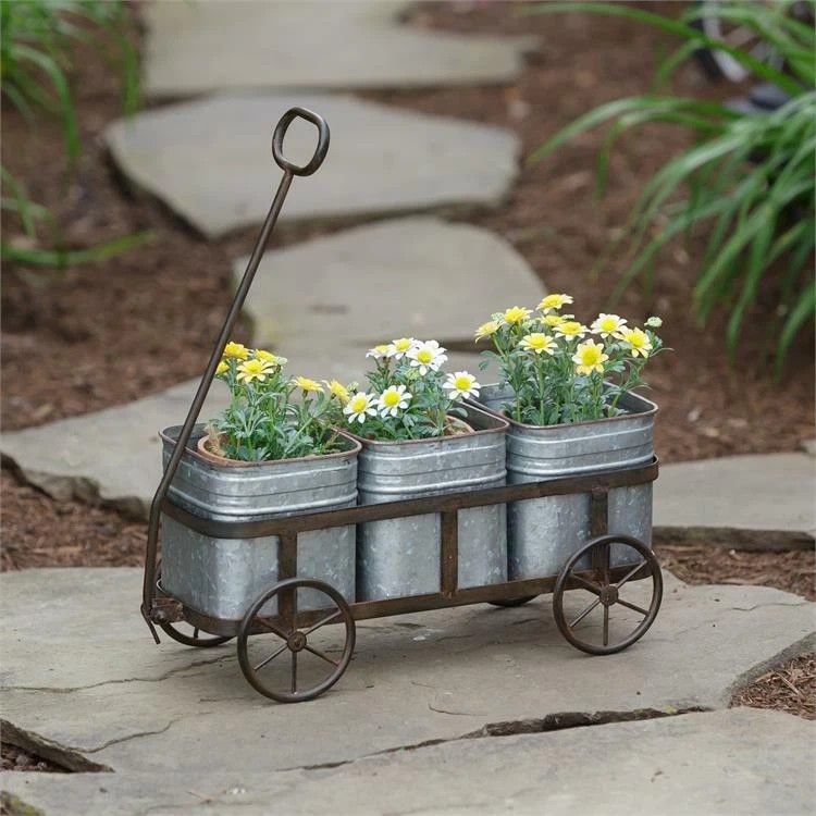 Flower Pot Set Vintage Wagon Rustic Garden Decor