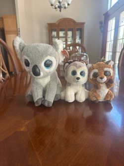 3 ty Beanie Boo Plush Animals- Koo Koo the Koala /MWMT’s Heart Tags- Buff Gray and White Wolf Blue Eyes-Raccoon Gold Glitter Eyes